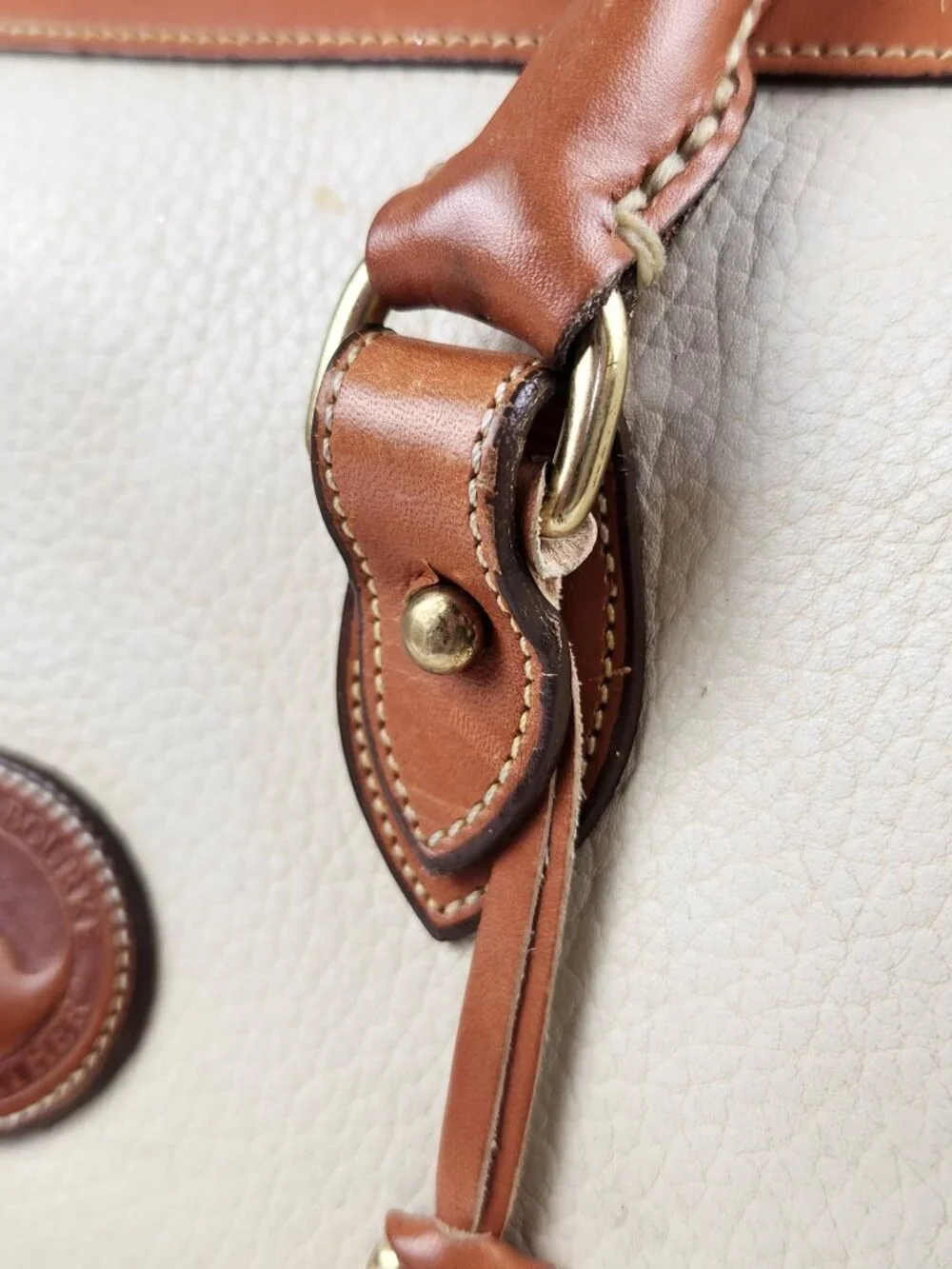 VTG Dooney & Bourke Leather Satchel Cream Pebble Body Tan Trim Brass Duck Fob US